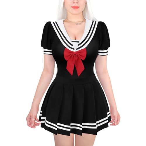 LittleForBig Baumwolle Strampler Onesie Pyjamas Bodysuit - Tief Ausgeschnitten Klassische Japanische Schule Mädchen Strampler Rock Set Schwarz XXXXL von LittleForBig