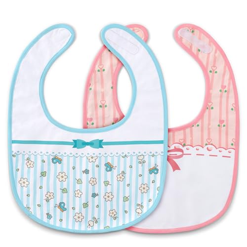 LittleForBig Baumwolle Wasserdichtes Babydoll-Lätzchen Blumenmuster mit verstellbarem Klettverschluss 2er-Pack Rosa und Blau von LittleForBig