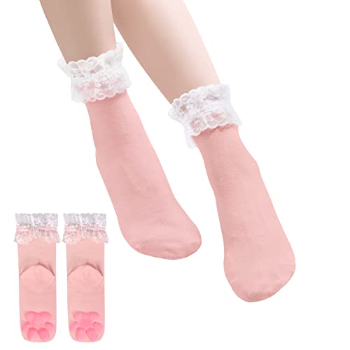 LittleForBig Cosplay 3D Katze Pfoten Pad Silikon Kätzchen Spitzenbesatz Baumwolle Knöchelsocken - Rosa von LittleForBig