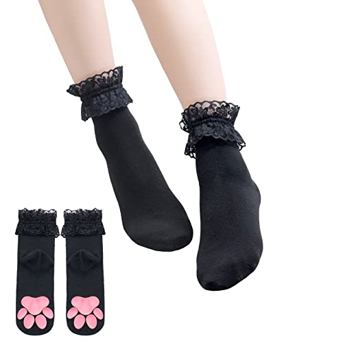 LittleForBig Cosplay 3D Katze Pfoten Pad Silikon Kätzchen Spitzenbesatz Baumwolle Knöchelsocken - Schwarz von LittleForBig