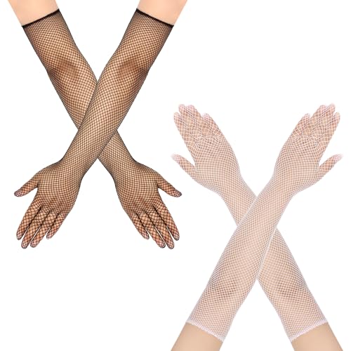 LittleForBig Cosplay Stretch Mesh Handschuhe 80s Fischnetz Lange Handschuhe 2 Paar Set - Weiß & Schwarz von LittleForBig