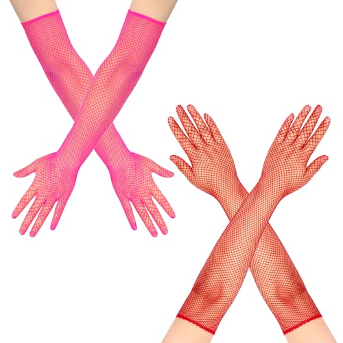 LittleForBig Cosplay Stretch Mesh Handschuhe 80s Fischnetz lange Handschuhe 2 Paar Set - Rot & Rosa von LittleForBig