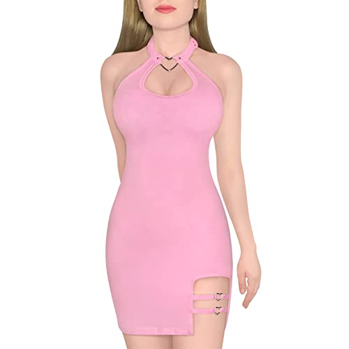 LittleForBig Damen Baumwoll-Overall Vampy Kragen Bodycon Mini Kleid Rock Rosa L von LittleForBig