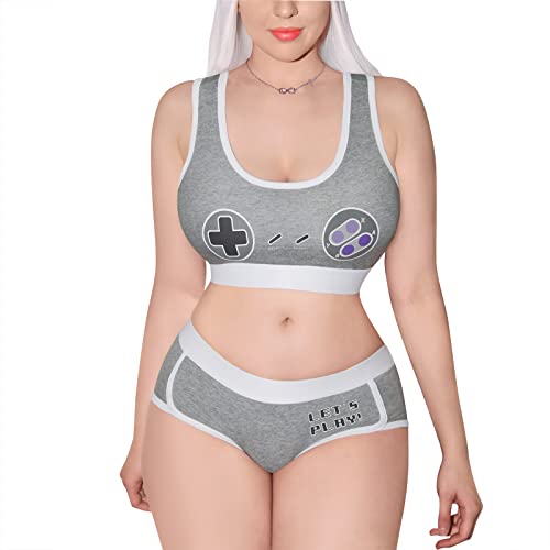 LittleForBig Damen Baumwolle Camisole und Höschen Sport Loungewear Bralette Set - Let's Play Gamer Girl Grau L von LittleForBig