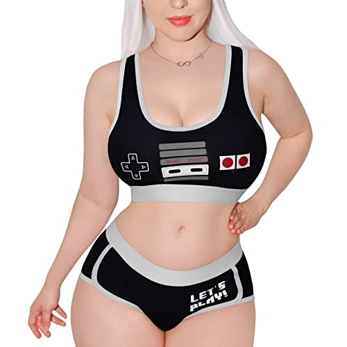 LittleForBig Damen Baumwolle Camisole und Höschen Sport Loungewear Bralette Set - Let's Play Gamer Girl Schwarz L von LittleForBig