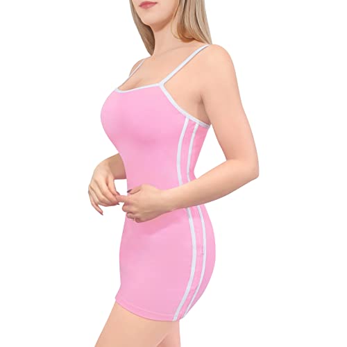 LittleForBig Damen Baumwolle Sportlich Seiten Gestreift Overall Strampler Bodycon Mini Kleid Rosa M von LittleForBig