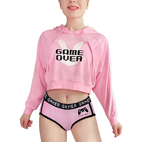 LittleForBig Damen Gaming Lässig Regular Fit Langer Ärmel Kordelzug Cropped Hoodie Sweater Rosa XXXXL von LittleForBig