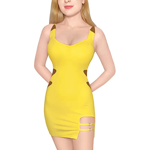 LittleForBig Damen Cosplay Ich Wähle Dich Baumwolle Overall Strampler Bodycon Minikleid mit abnehmbarem Schwanz Gelb S von LittleForBig