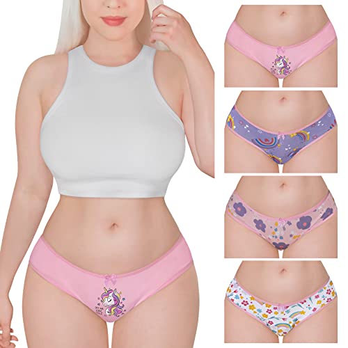 LittleForBig Damen Frauen Weiche Baumwolle Unterwäsche Bequeme Hipster Slip 4er Pack Höschen Set - Einhorn Muster Mehrfarbig XS von LittleForBig