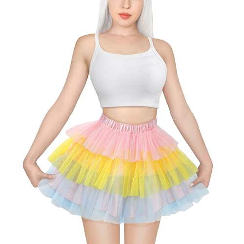 LittleForBig Damen Mesh Tüll Puffy Petticoat Tutu Ballett Bubble Rock Kurzer Ballerina Rock Regenbogen XXL von LittleForBig