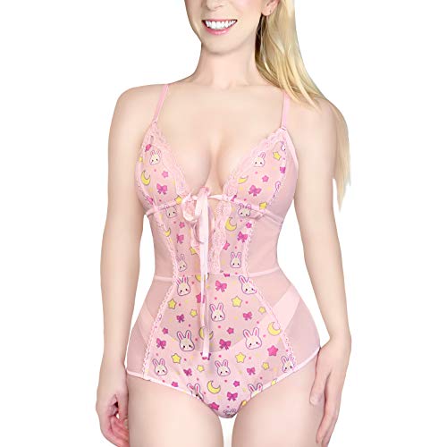 LittleForBig Damen Nachtwäsche Netto Garen Spitze V-Ausschnitt Usagi Einteiliger Baby Doll Lingerie Strampler Rosa M von LittleForBig