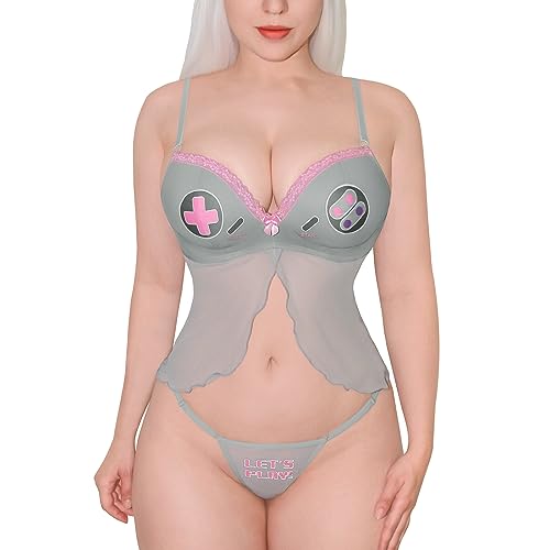 LittleForBig Damen Nachtwäsche Spitze Riemen Chemise Halter V Hals Nachtwäsche - Let's Play Gamer Girl Unterwäsche-Set Grau L von LittleForBig