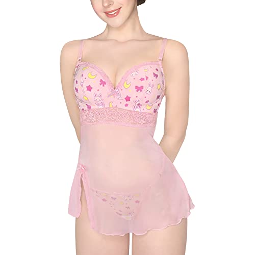 LittleForBig Damen Negligee Usagi Babydoll Spitze Strap Chemise Halter Dessous V-Ausschnitt Schlafanzug Lingerie Rosa S von LittleForBig