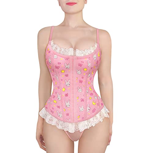 LittleForBig Damen Riemen Spitze Überbrust Korsett mit Schnürung Vollbrust Korsage Bustier Bodyshaper Top -Cottagecore Usagi Korset Rosa M von LittleForBig