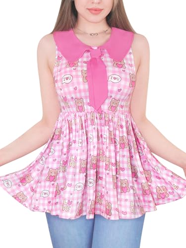 LittleForBig Damen Seemannskragen Kawaii Ärmellose Bluse Babydoll Schößchen Top - Beary Cute Rosa XS von LittleForBig