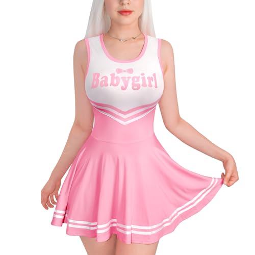 LittleForBig Damen Seidiger Ärmellose Overall Cheer Babygirl Bodycon Mini Kleid Rock Rosa XXL von LittleForBig
