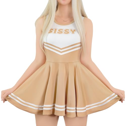 LittleForBig Damen Seidiger Ärmellose Overall Cheer Sissy Bodycon Mini Kleid Rock Braun XXL von LittleForBig