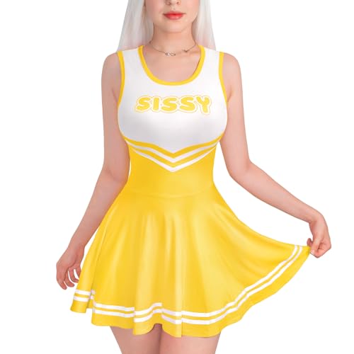 LittleForBig Damen Seidiger Ärmellose Overall Cheer Sissy Bodycon Mini Kleid Rock Gelb XXL von LittleForBig