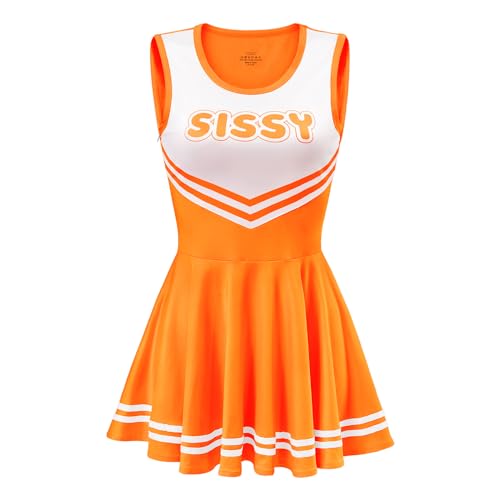 LittleForBig Damen Seidiger Ärmellose Overall Cheer Sissy Bodycon Mini Kleid Rock Orange XXL von LittleForBig