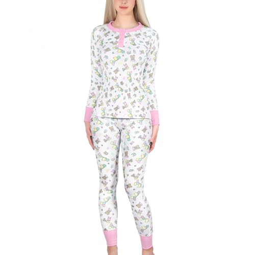 LittleForBig Damen Seidige Lange Ärmel Kuschelig Atmungsaktiv Baby Cuties Schlafanzug Set Zweiteilig Weich Stretchy Nachtwäsche Rosa XXL von LittleForBig