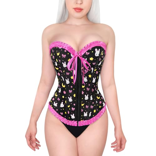 LittleForBig Damen Spitze Überbrust Korsett mit Schnürung Vollbrust Korsage Bustier Bodyshaper Top -Usagi Moon Schwarz XXXL von LittleForBig