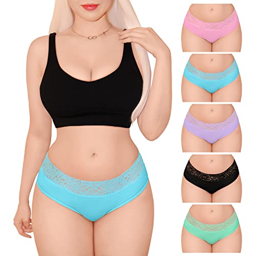 LittleForBig Damen Weich Baumwolle Unterwäsche Bequemer Hipster Slip 5er Pack Unterhosen Set - Niedliches Komfort Höschen mit hoher Taille aus Spitze Mehrfarbig L von LittleForBig