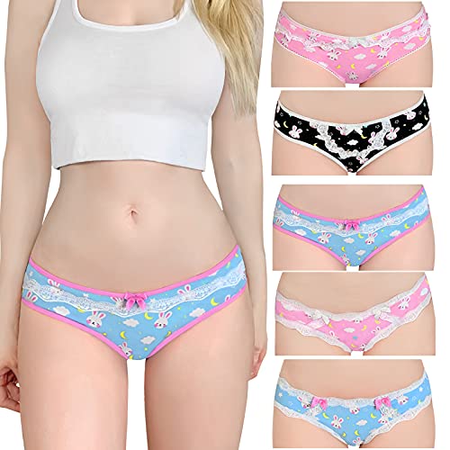 LittleForBig Damen Baumwolle Unterwäsche Hipster Slip 5er Pack Unterhosen Set-Schlafenszeit Bunny Mehrfarbig L von LittleForBig