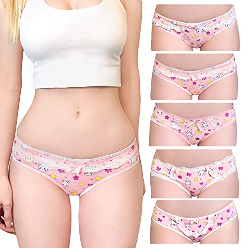 LittleForBig Damen Weich Baumwolle Unterwäsche Bequemer Hipster Slip 5er Pack Unterhosen Set-Usagi Muster Rosa XS von LittleForBig