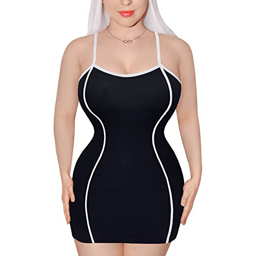 LittleForBig Frauen Baumwolle Trendy Retro Patch S-förmig Einstellbare Gestreifte Overall Romper Bodycon Mini Kleid Schwarz XXXXL von LittleForBig