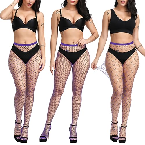 LittleForBig Hohe Taille Fischernetz Strumpfhosen Netzstrümpfe Netzstrumpfhose 3 Paare Dunkellila von LittleForBig