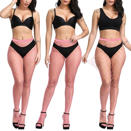 LittleForBig Hohe Taille Fischernetz Strumpfhosen Netzstrümpfe Netzstrumpfhose 3 Paare-Rosa von LittleForBig