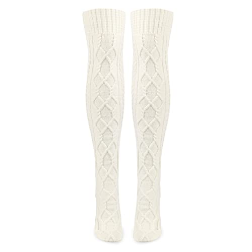 LittleForBig Knee High School Girl Boot Socks Extra Long Over The Knee Cable Knitted Stockings - White von LittleForBig