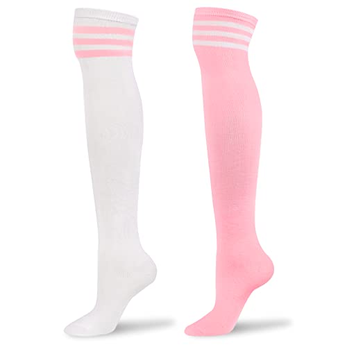 LittleForBig Knie hoch Schulmädchen Lange gestreifte Tube Strümpfe College Style Socken 2 Paar - Weiß und Rosa von LittleForBig