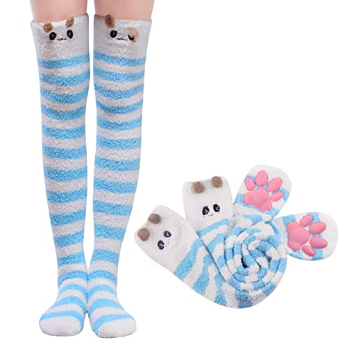 LittleForBig Kniehohe Socken Cosplay 3D Katze Pfoten Pad Silikon Katzenpfoten Koralle Samt über Kniestrümpfe - Blau Weiß Panda von LittleForBig