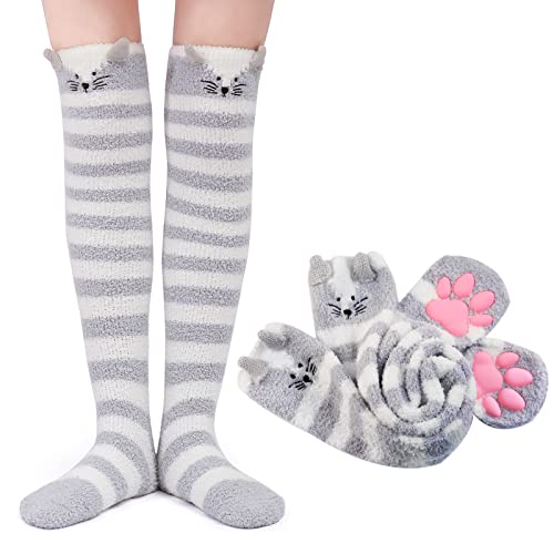 LittleForBig Kniehohe Socken Cosplay 3D Katze Pfoten Pad Silikon Katzenpfoten Koralle Samt über Kniestrümpfe - Grau Katze von LittleForBig