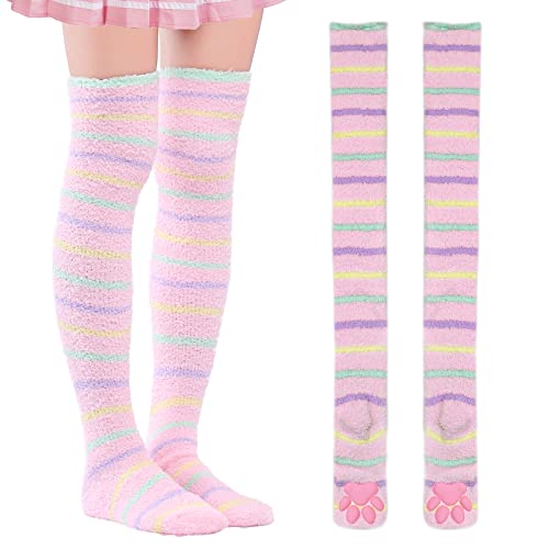 LittleForBig Kniehohe Socken Cosplay 3D Katze Pfoten Pad Silikon Katzenpfoten Koralle Samt über Kniestrümpfe - Grün Gelb Rosa von LittleForBig