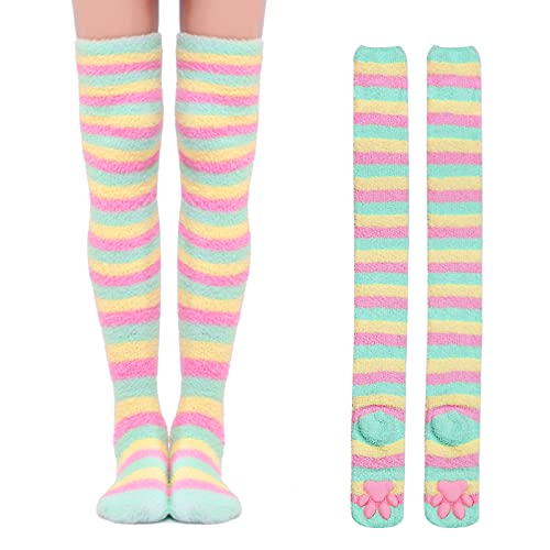 LittleForBig Kniehohe Socken Cosplay 3D Katze Pfoten Pad Silikon Katzenpfoten Koralle Samt über Kniestrümpfe - Grün Rosa Blau von LittleForBig