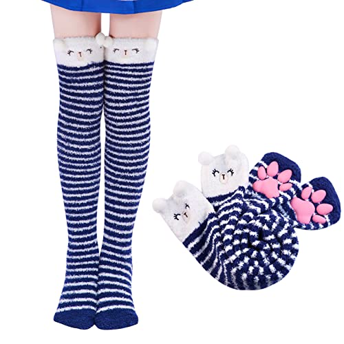 LittleForBig Kniehohe Socken Cosplay 3D Katze Pfoten Pad Silikon Katzenpfoten Koralle Samt über Kniestrümpfe - Navy Blau Bär von LittleForBig