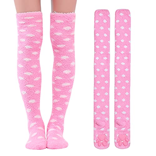 LittleForBig Kniehohe Socken Cosplay 3D Katze Pfoten Pad Silikon Katzenpfoten Koralle Samt über Kniestrümpfe - Rosa Weiß Tupfen von LittleForBig