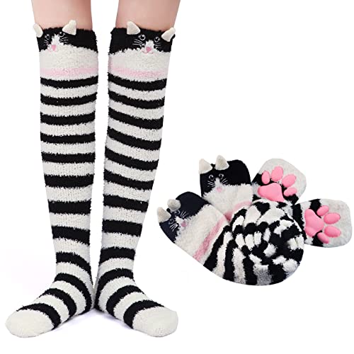 LittleForBig Kniehohe Socken Cosplay 3D Katze Pfoten Pad Silikon Katzenpfoten Koralle Samt über Kniestrümpfe - Schwarz Katze von LittleForBig