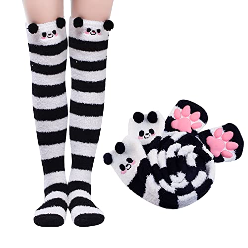 LittleForBig Kniehohe Socken Cosplay 3D Katze Pfoten Pad Silikon Katzenpfoten Koralle Samt über Kniestrümpfe - Schwarz Weiß Panda von LittleForBig