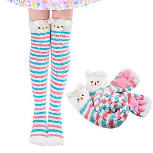 LittleForBig Kniehohe Socken Cosplay 3D Katze Pfoten Pad Silikon Katzenpfoten Koralle Samt über Kniestrümpfe - Streifen Bär von LittleForBig