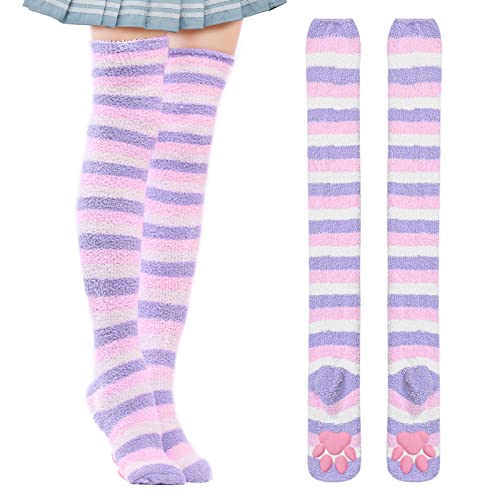 LittleForBig Kniehohe Socken Cosplay 3D Katze Pfoten Pad Silikon Katzenpfoten Koralle Samt über Kniestrümpfe - Violett Rosa Weiß von LittleForBig