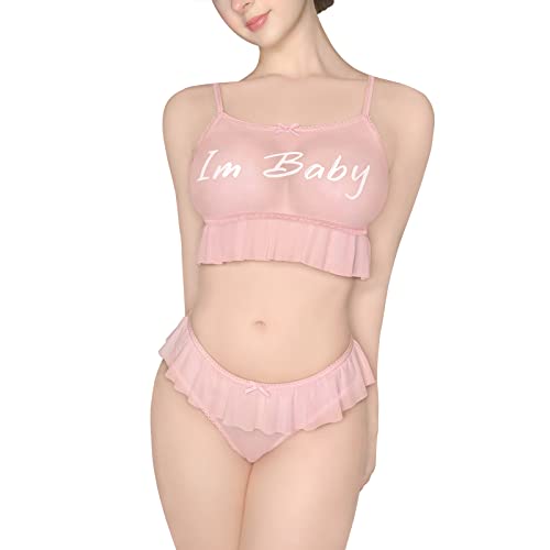 LittleForBig Mesh Tutu Spitzenbesatz Damen Nachtwäsche Träger Pyjama Cami Top und Tanga Bralette Set - I'm Baby Rosa M von LittleForBig