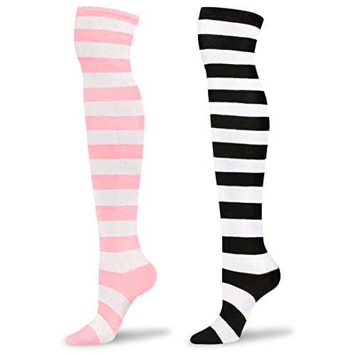 LittleForBig Niedliche kniehohe Schulmädchen Lange gestreifte Socken 2 Paar - Rosa und Schwarz von LittleForBig