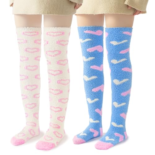 LittleForBig Niedliche kniehohe Socken mit Herzmuster aus Coral Fleece Kniestrümpfe 2 Paar Set - Blau & Weiß von LittleForBig