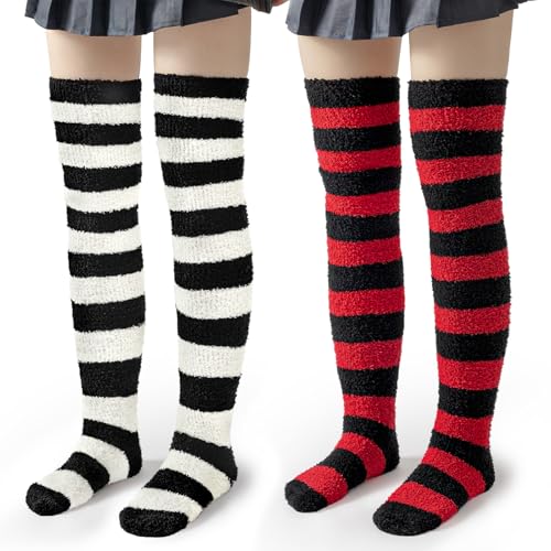 LittleForBig Niedliche kniehohe Streifensocken aus Coral Fleece Kniestrümpfe 2 Paar Set - Rot & Weiß von LittleForBig