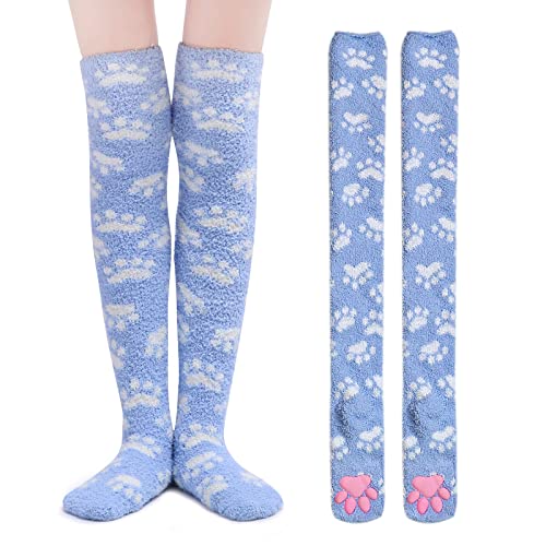 LittleForBig Oberschenkelhohe Socken Cosplay 3D Katze Pfoten Pad Silikon Katzenpfoten Koralle Samt über Kniestrümpfe - Blau Weiß Pfote von LittleForBig