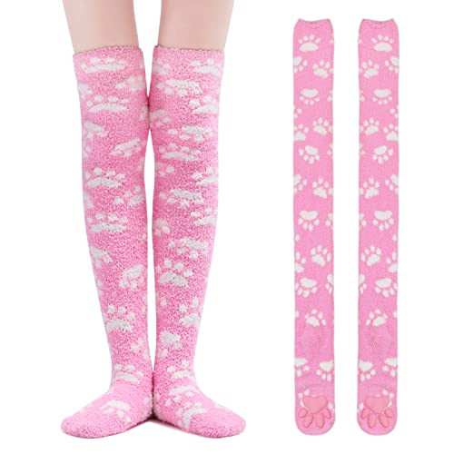 LittleForBig Oberschenkelhohe Socken Cosplay 3D Katze Pfoten Pad Silikon Katzenpfoten Koralle Samt über Kniestrümpfe - Rosa Weiß Pfote von LittleForBig