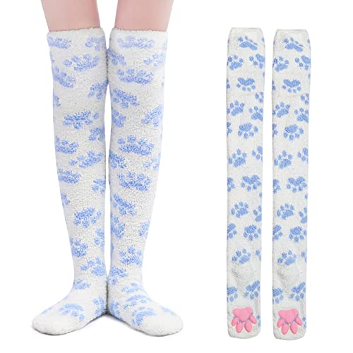 LittleForBig Oberschenkelhohe Socken Cosplay 3D Katze Pfoten Pad Silikon Katzenpfoten Koralle Samt über Kniestrümpfe - Weiß Blau Pfote von LittleForBig